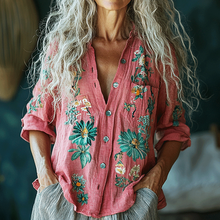 Lunivibe Retro Bohemian Style Linen Floral Art Print Long Sleeve Loose Shirt