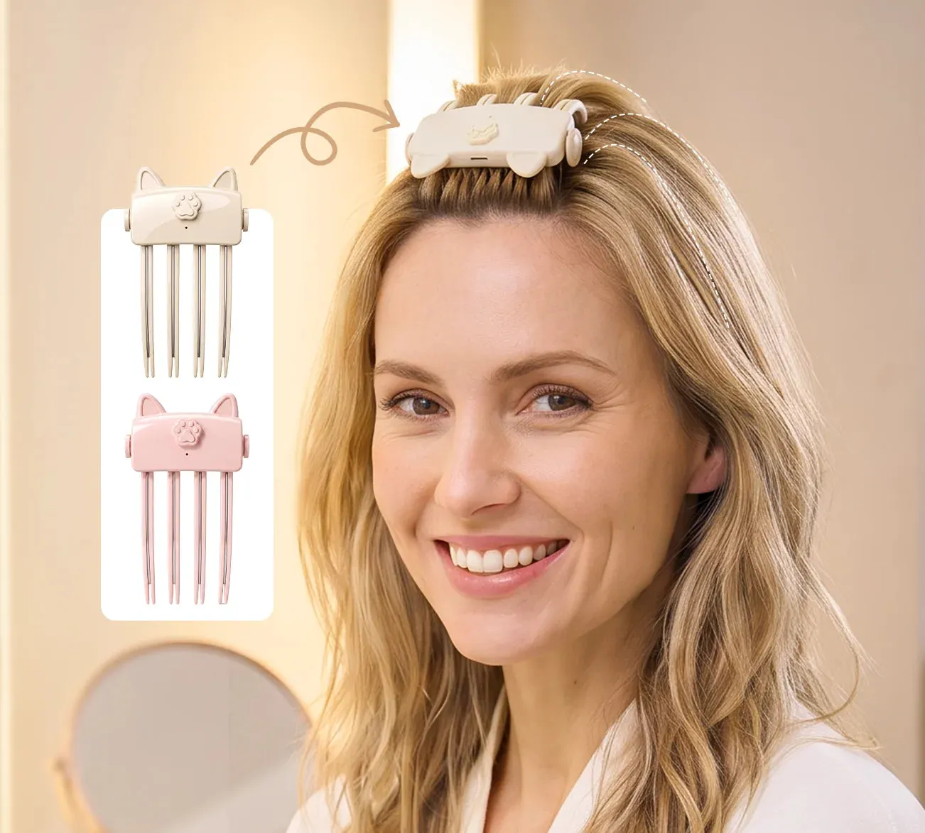 Cordless heated root lift clip positioned at the crown of the hair
