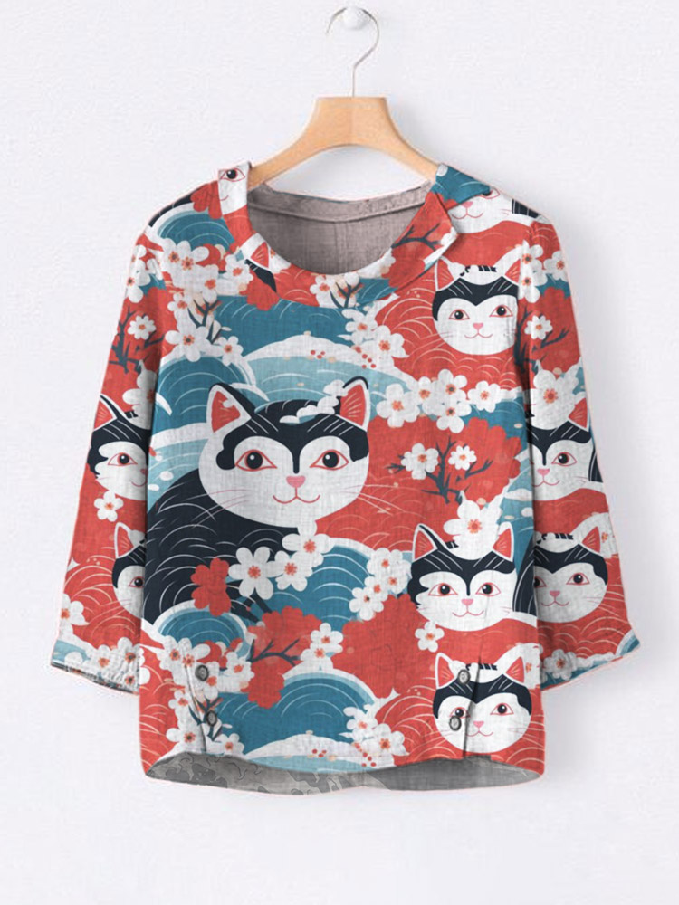 Japanese Art Floral & Cat Print Flip Collar Linen Shirt elevenforest