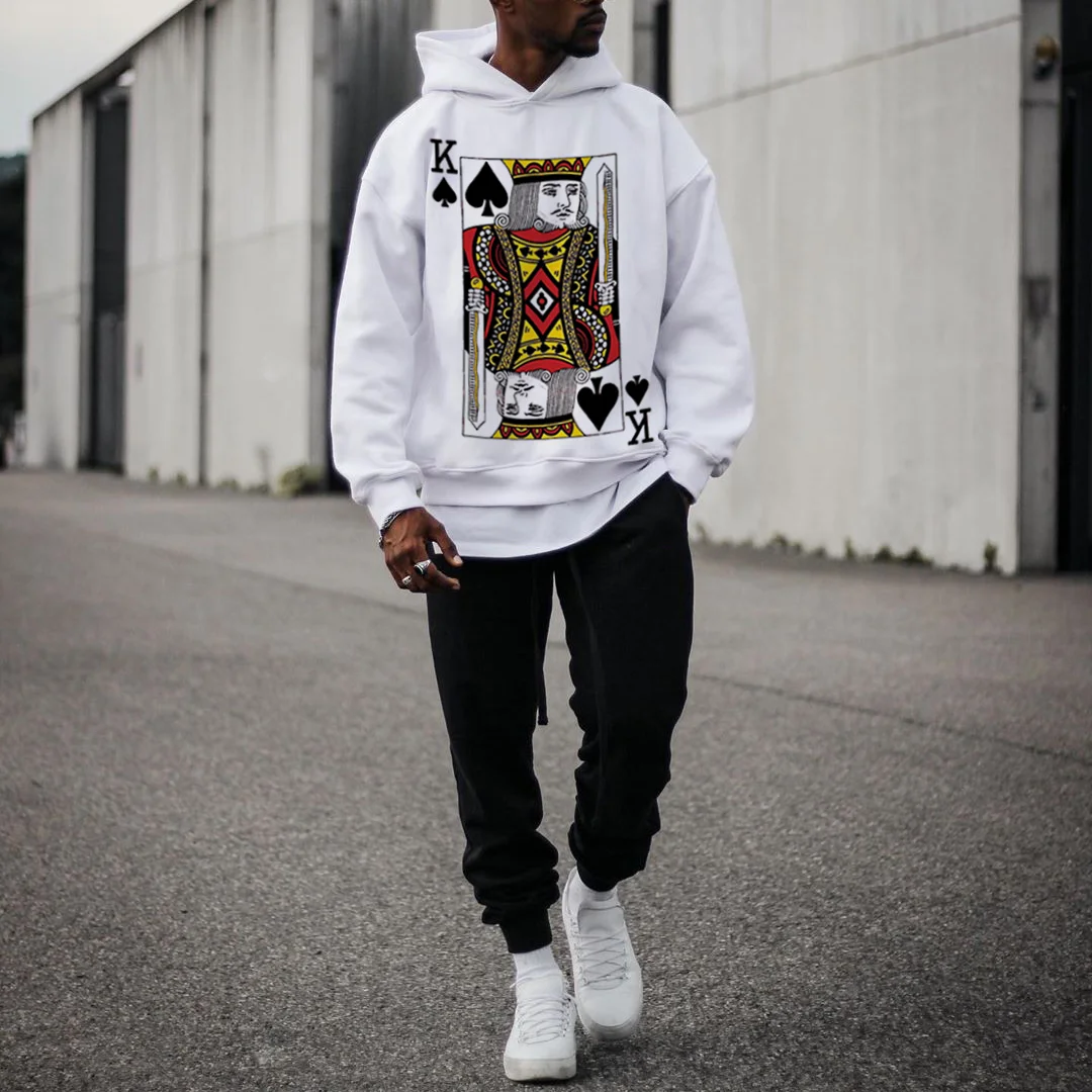 Mens white playing card printed hoodie-barclient