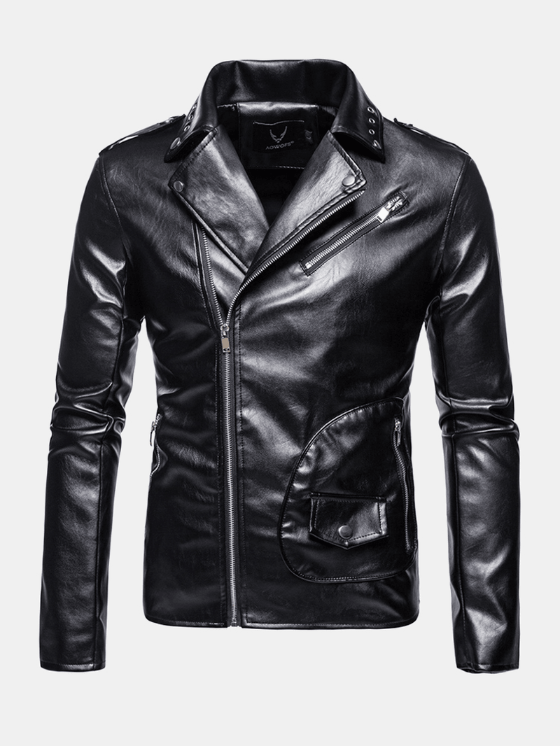 Mens Asymmetric Zipper Lapel Casual PU Biker Jacket with Zipped Pockets