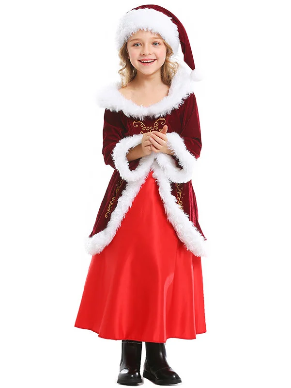 Christmas Kids Costume Stage Performance  Burgundy Cute Christmas Girls Dress Novameme