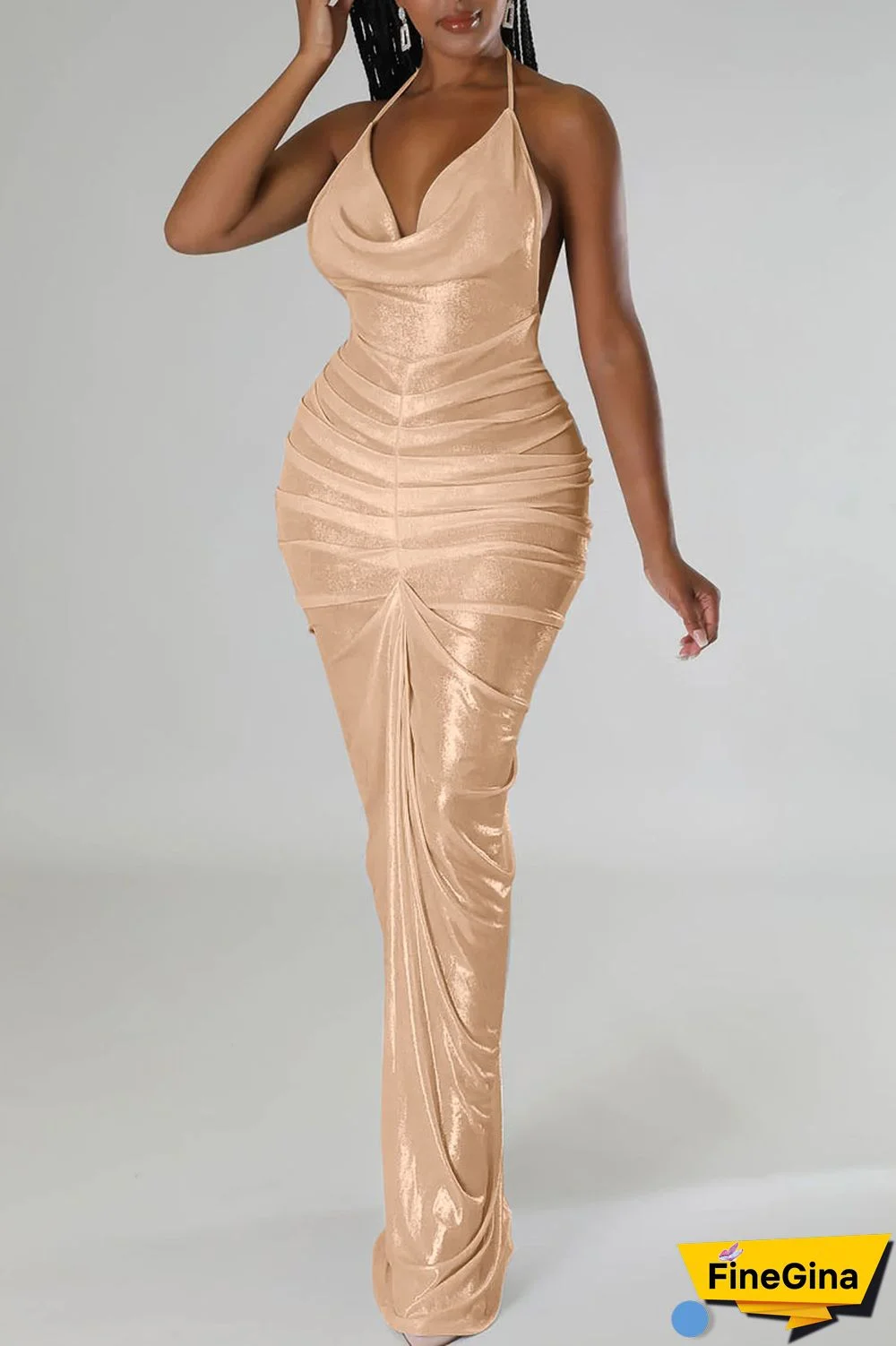 White Sexy Solid Patchwork Backless Fold Halter One Step Skirt Dresses