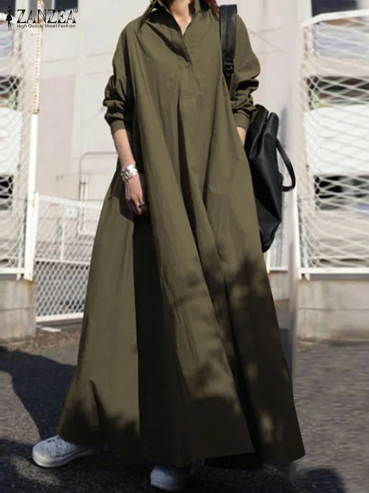 ZANZEA Autumn Stylish Women Vintage Long Sleeve Loose Sundress 2022 Casual Long Maxi Dress Kaftan Femme Solid Party Vestido Robe