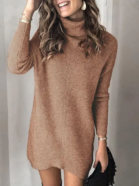Solid Cable-knit Turtleneck Sweater Dress