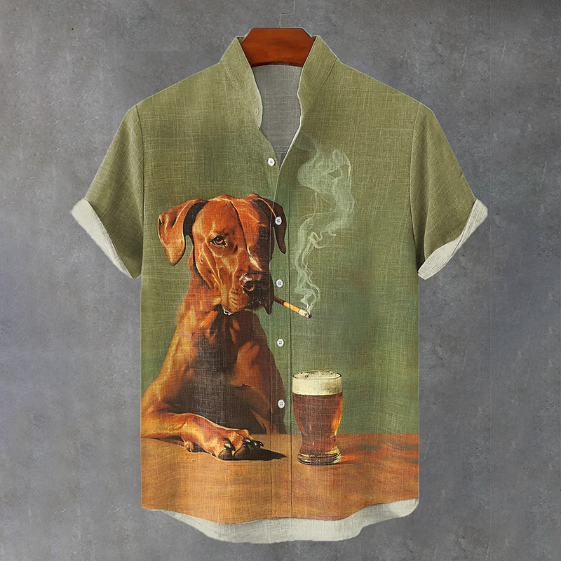 Men's Vintage Dog Smoking Beer Print Shirt  artssus