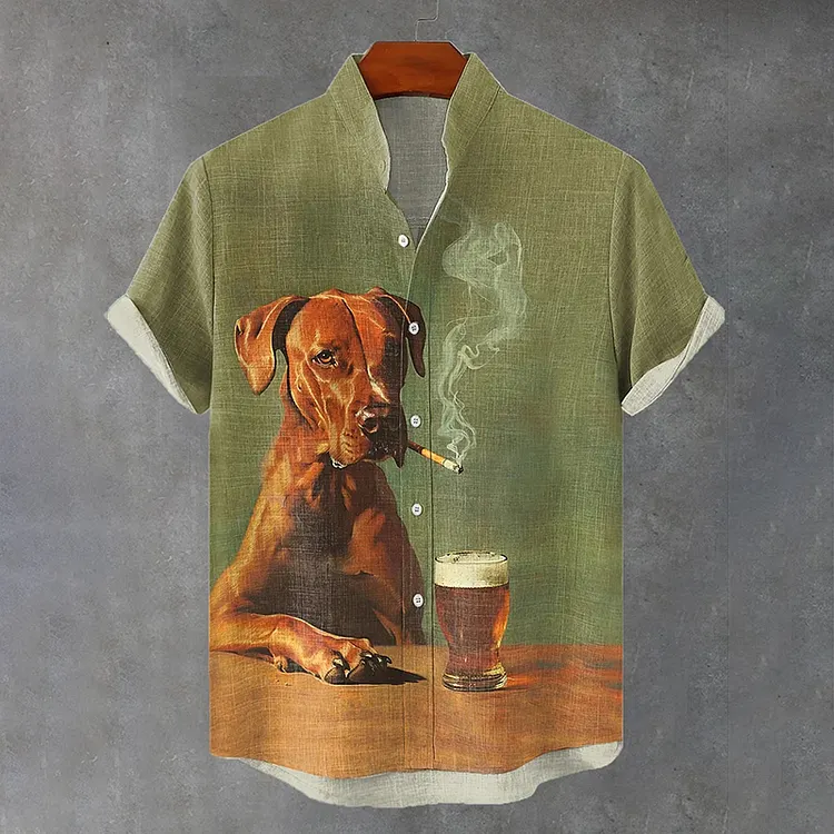 Men's Vintage Dog Smoking Beer Print Shirt