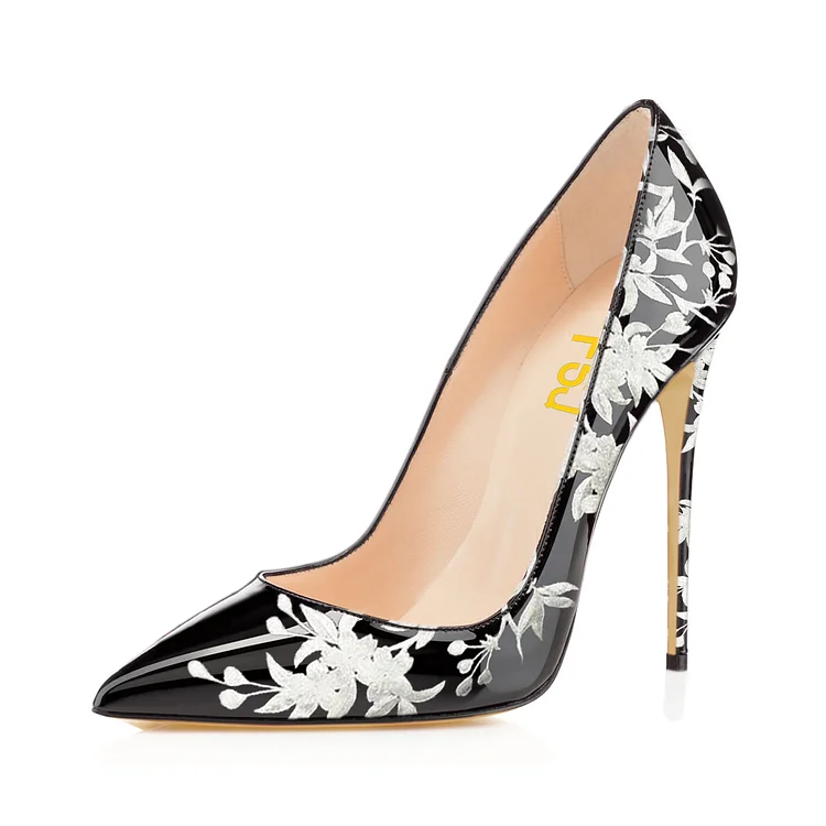 Black and White Floral Heels Patent Leather Pencil Heel Pumps |FSJ Shoes
