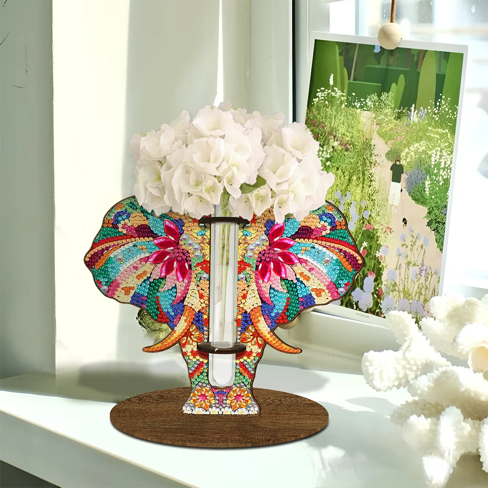 DIY Wooden Elephant Diamond Painting Flower Vase Ornaments for Home Office Decor