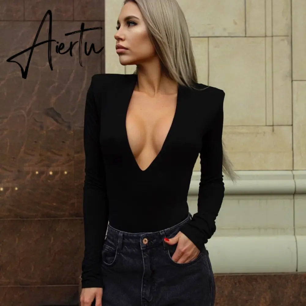 Aiertu Long Sleeve Solid V-Neck Shoulder  Pads Skinny Bodysuit  Autumn Winter Women Fashion Sexy Streetwear Casual Romper Aiertu