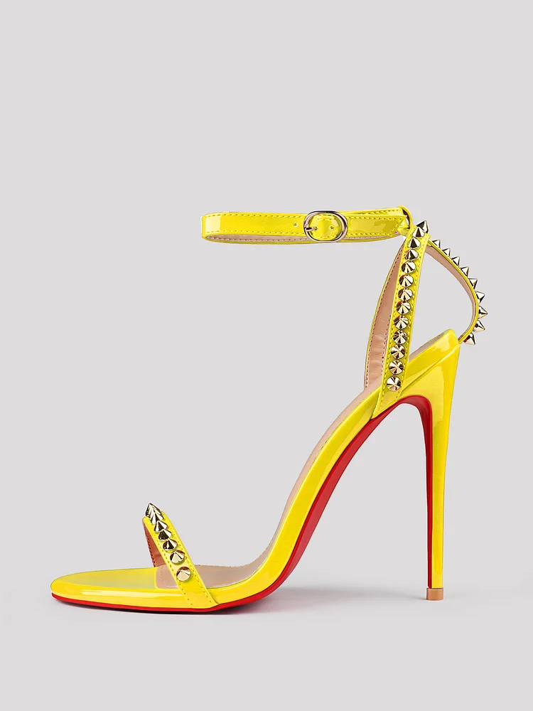 120mm/10mm Women's  Patent Open Toe Sandals Stiletto Red Bottom High Heels Ankle Strap Rivet Studs Shoes