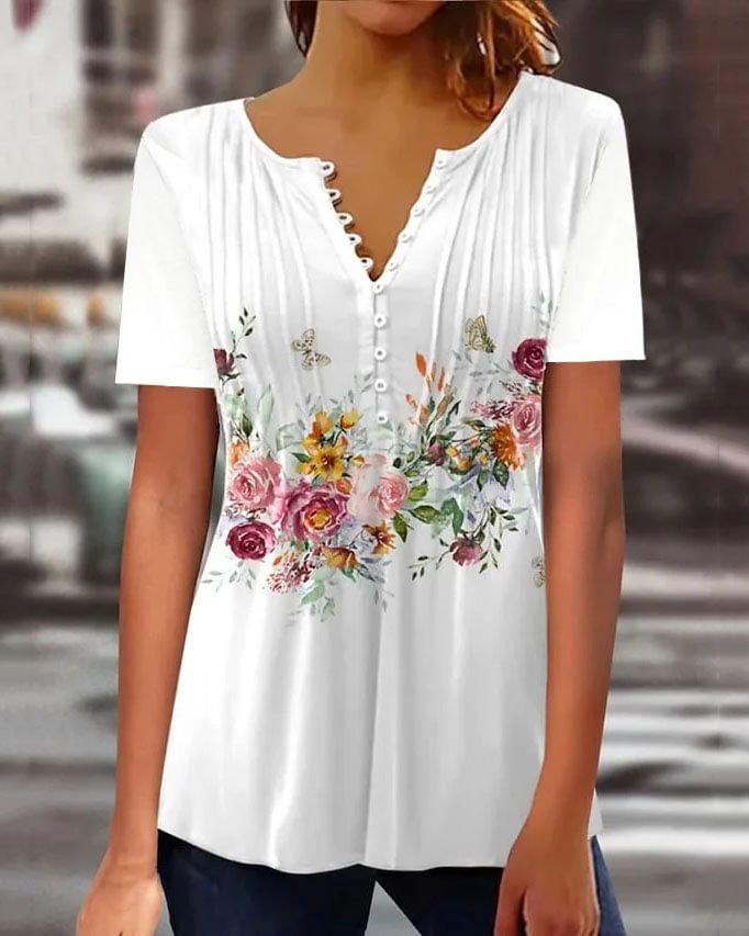 Summer V Neck Casual Floral Shirt