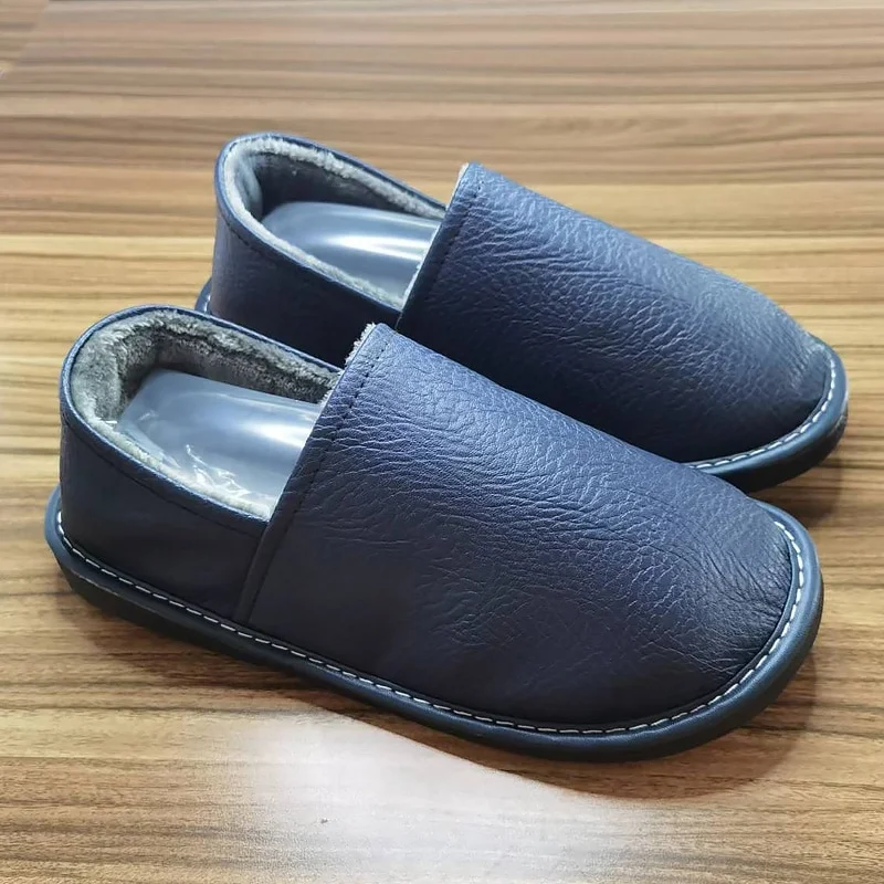 Qengg Leather Slipper Men Slip On Winter Loafers Shoes Big Size 46 47 48 Males Fur Mules Flat Heel Womens Home Fluffy Slippers