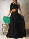 Stylish Condole Belt Pleated Halterneck Two Pieces Set