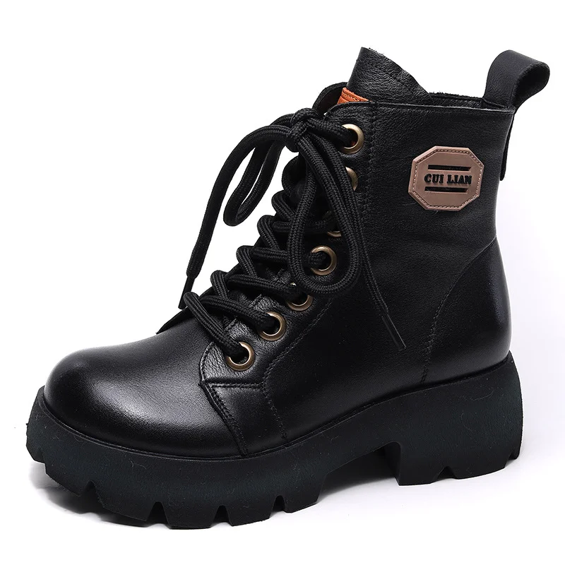 Yyvonne Handmade Martin Boots Women Winter New Tape Heightening Single Boots Coarse And Stylish Handsome Leather Boots