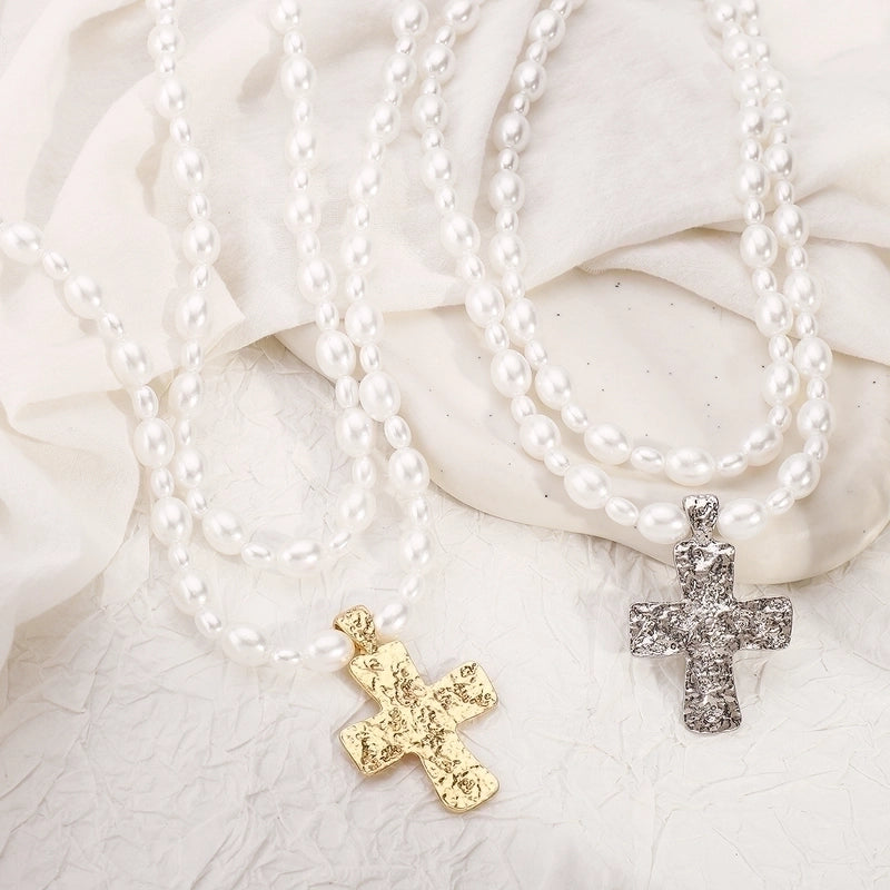 Elegant Glam Streetwear Cross Imitation Pearl Alloy Double Layer Necklaces2