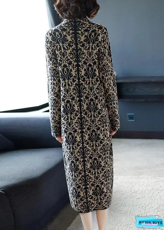 Slim Fit Navy Stand Collar Print Pockets Long Knit Dress Winter