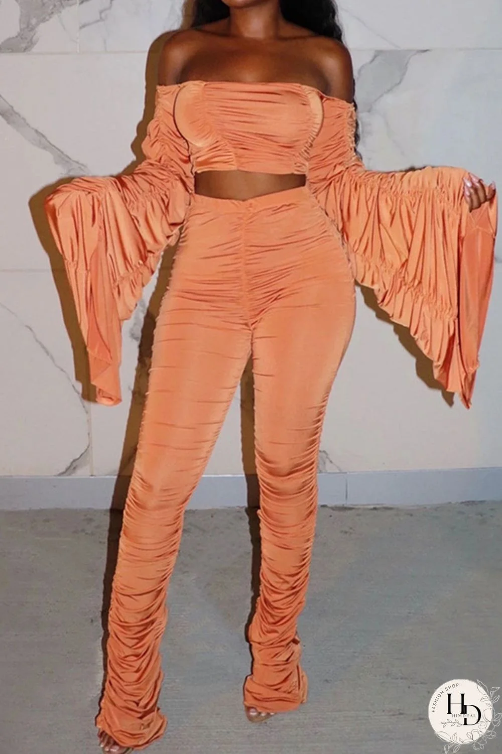 Tangerine Sexy Solid Split Joint Fold Off the Shoulder Long Sleeve Two Pieces