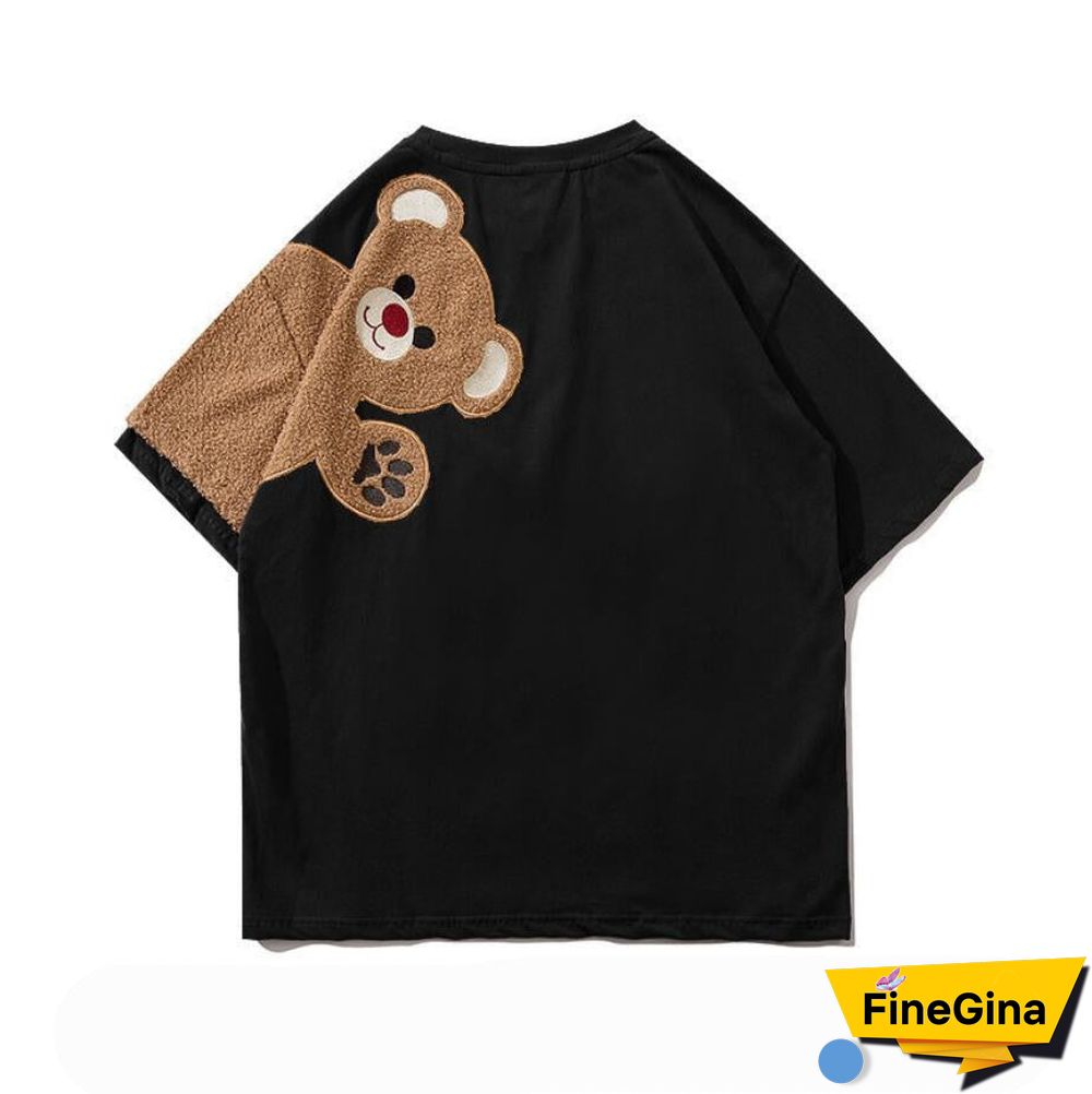 Summer Women T Shirts 100% Pure Cotton T-Shirt Short Sleeve Embroidery Bear Cute Kawaii Tee O-Neck Loose Couple Clothes Top