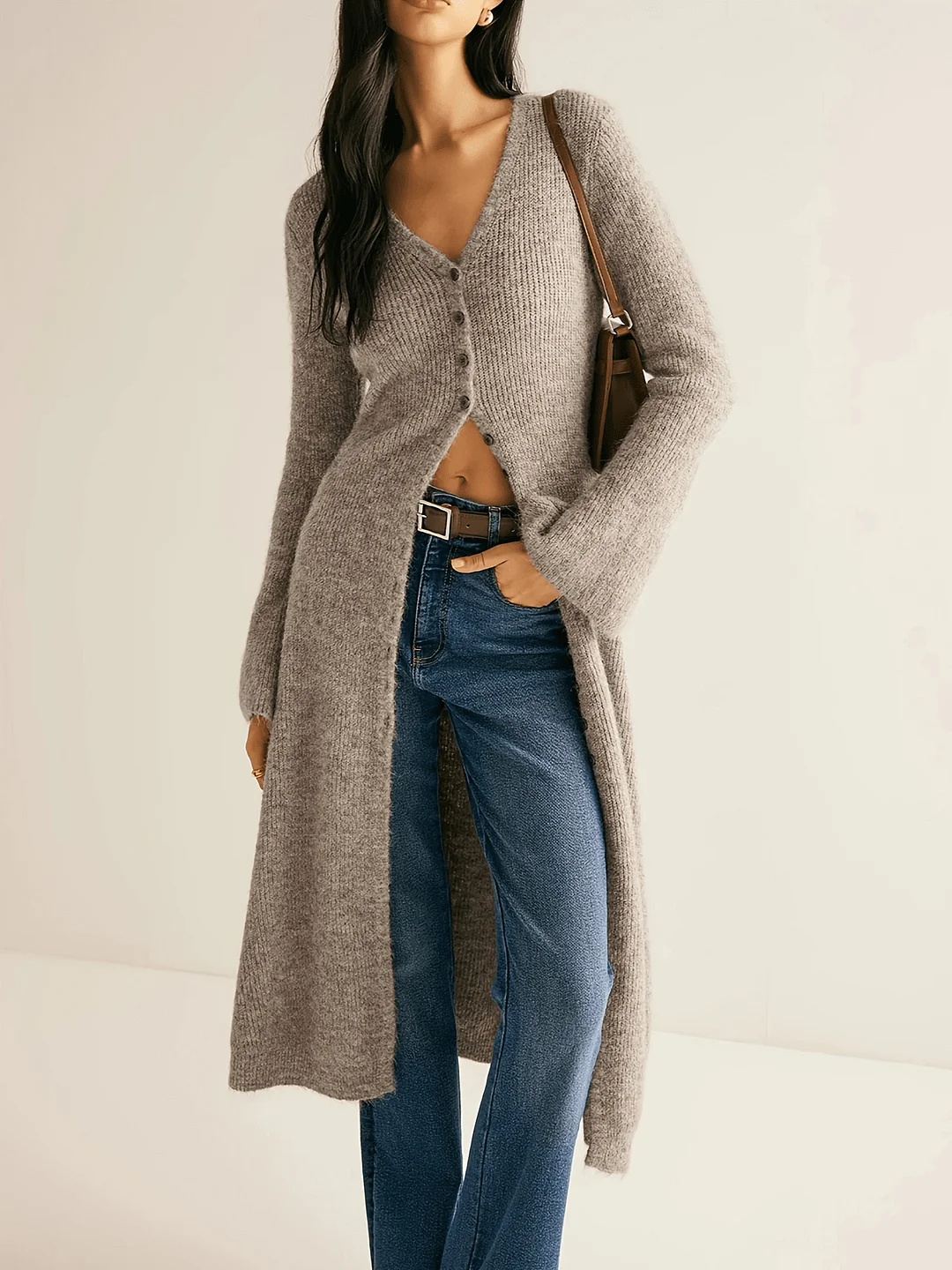 Nigikala Nigikala Retro Elegant Long-Sleeved Jacket Knitted Sweater Medium Long Model