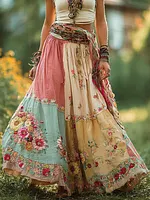 Women's Retro Bohemian Floral Stitching Casual Skirt