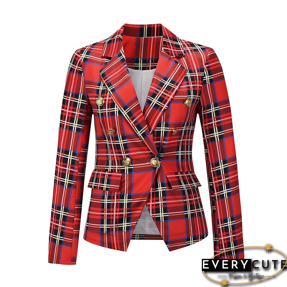Red Plaid Print Casual Blazer Top