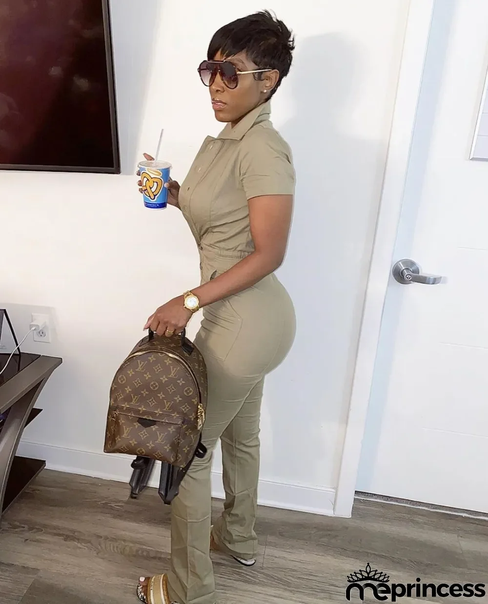 Summer Khaki Casual Button Up Collar Jumpsuit