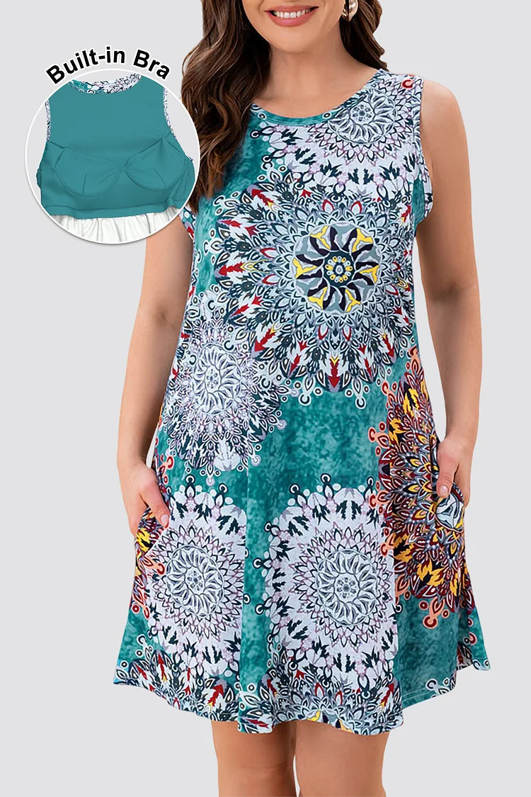 Flycurvy Plus Size Casual Teal Green Tribal Print Mini Dress With Built In Bra  Flycurvy [product_label]