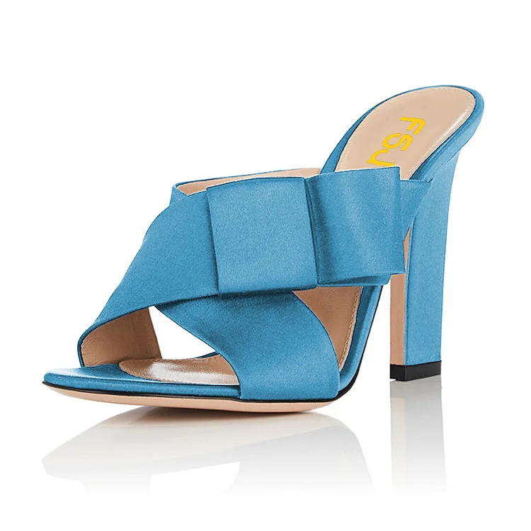 FSJ Cobalt Blue Satin Bow Mules Sandals Open Toe Office Chunky Heels |FSJ Shoes