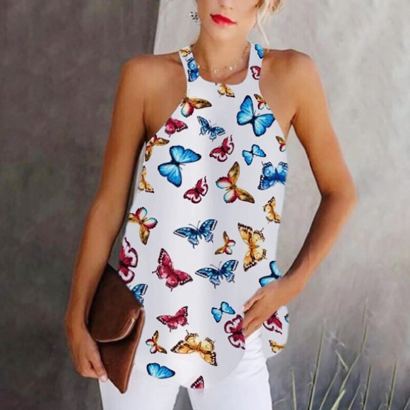 Women's Chiffon Butterfly Tops Sleeveless Ladies Tops Tee Shirts Summer Casual Print Halter Female Shirts Casual Women Tops