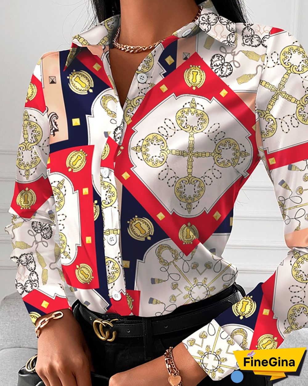 Scarf Print Button Up Long Sleeve Blouse