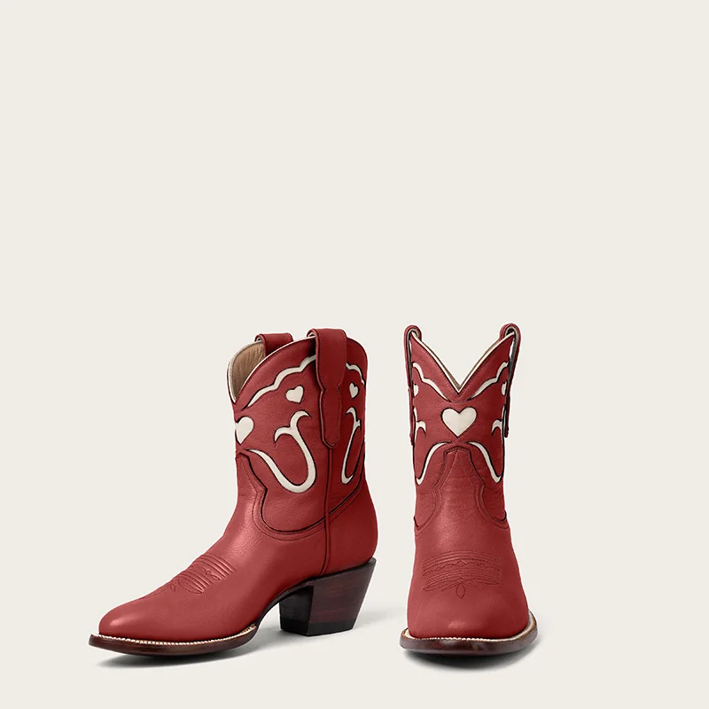 Red Almond Toe Block Heel Embroidered Decorative Inlay Cowgirl Boots Nicepairs