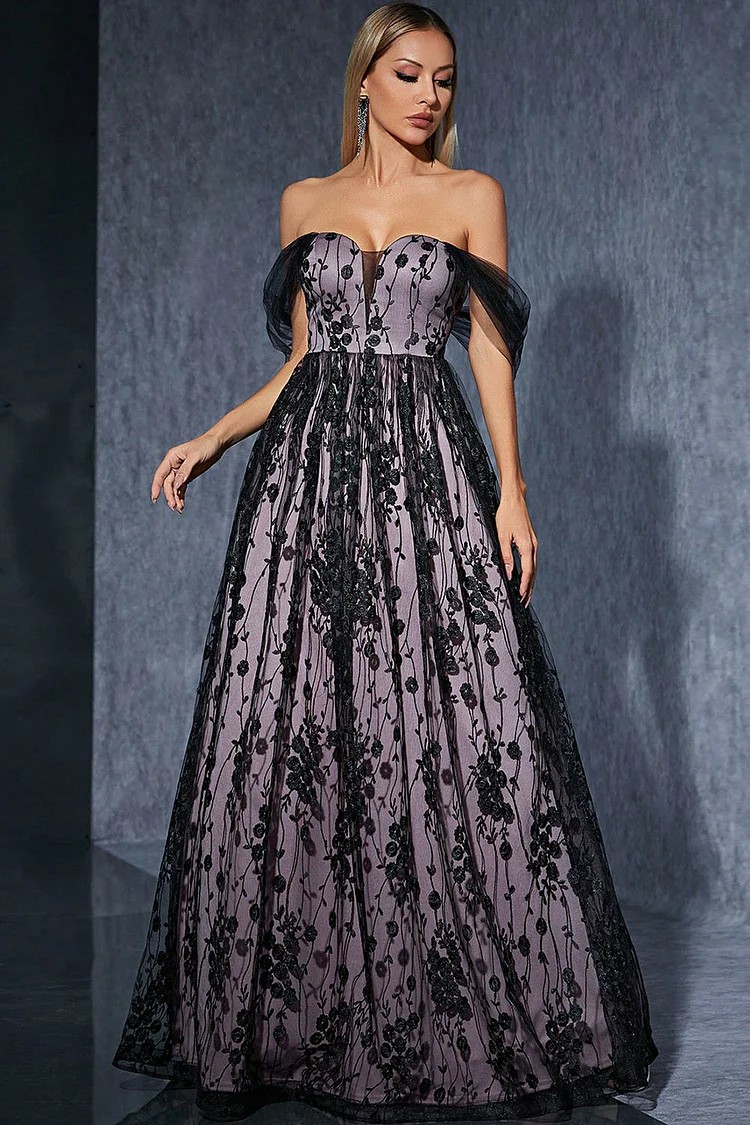 Evening Gown Purple Lace Off The Shoulder Maxi Dress