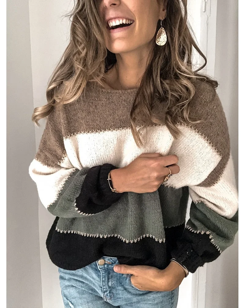 Fitshinling Vintage Women Sweaters And Pullovers Knitwear Patchwork Slim Winter Tops Fashion Boho Knitted Jumper Basic Sweater