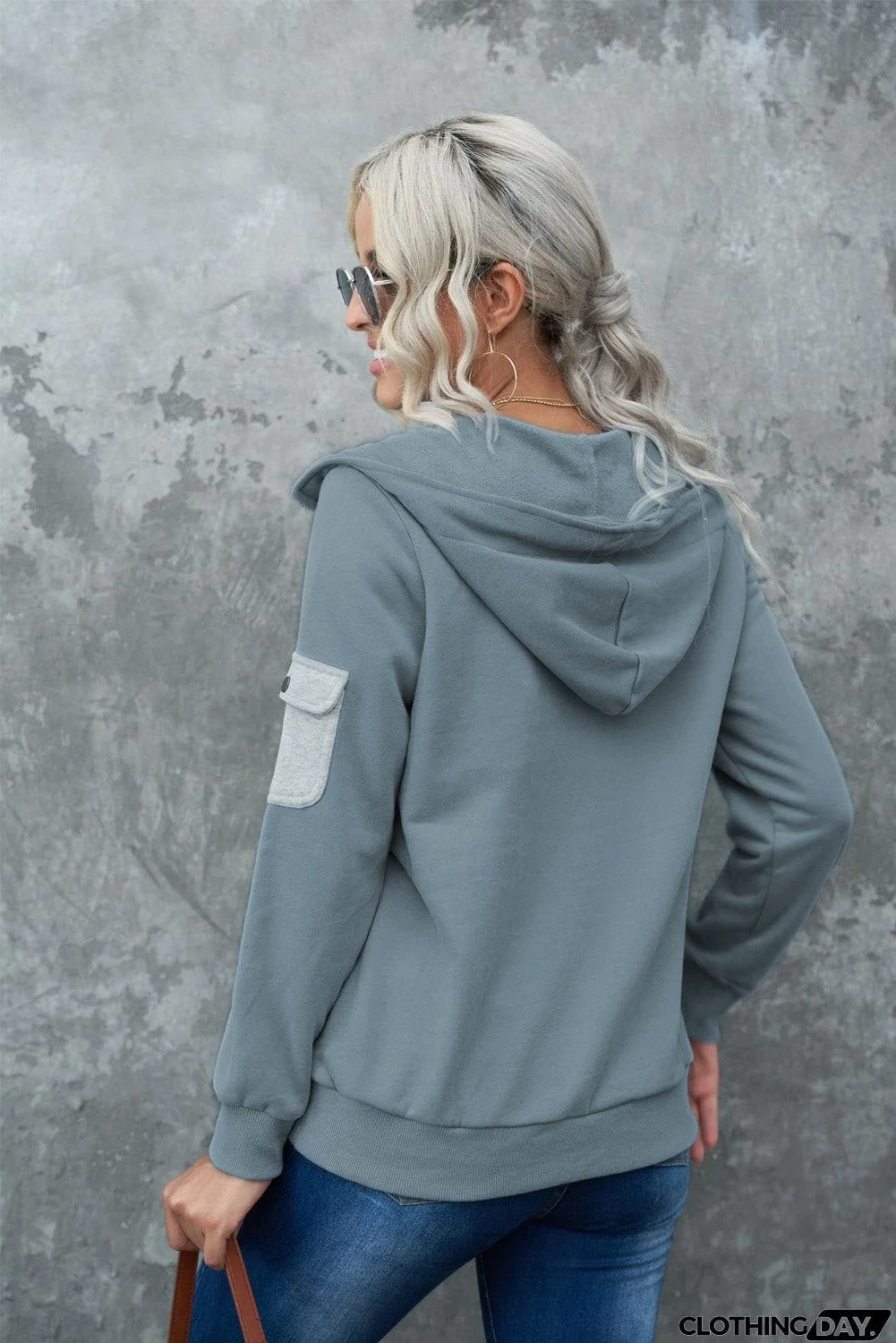 Half Zip Colorblock Pocket Patchwork Long Sleeve Hoodie