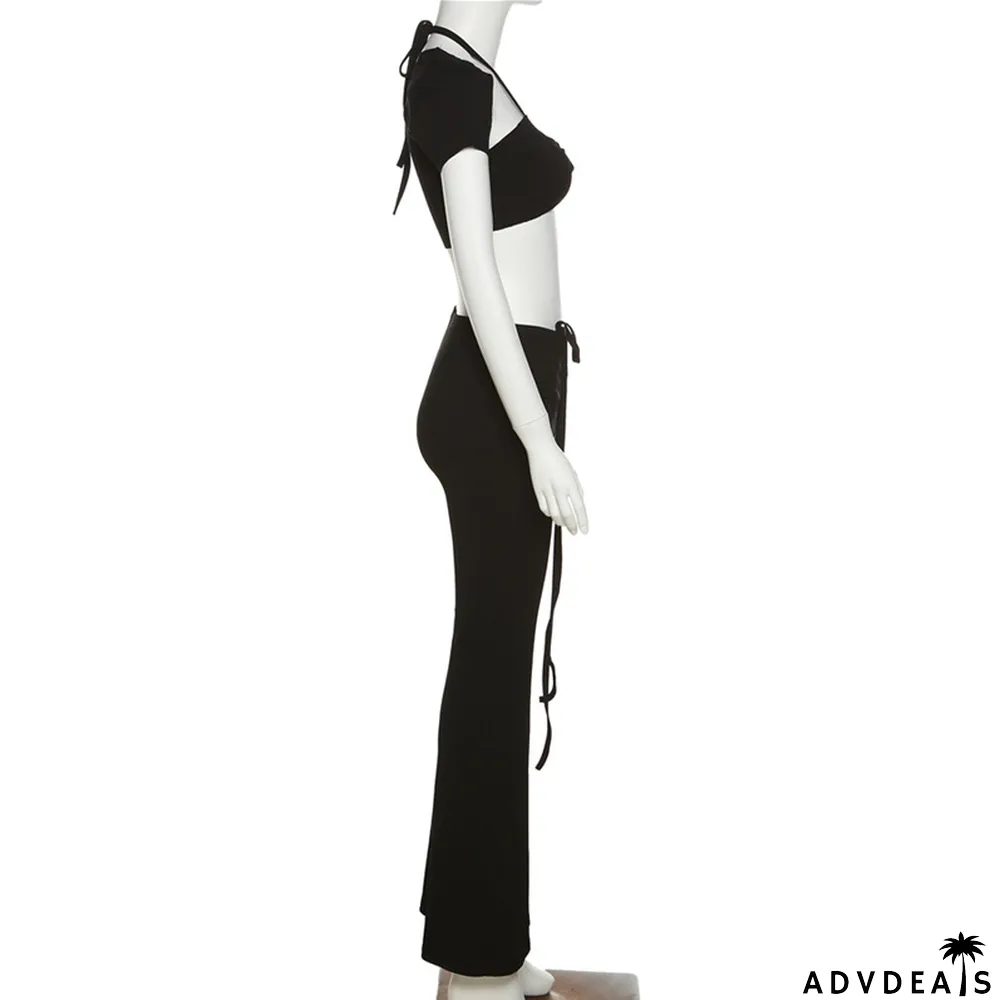 Summer Women's Fashion Halter Neck Sexy Hollow T-Shirt Slim Fit Flare Pants Women Two Piece Set