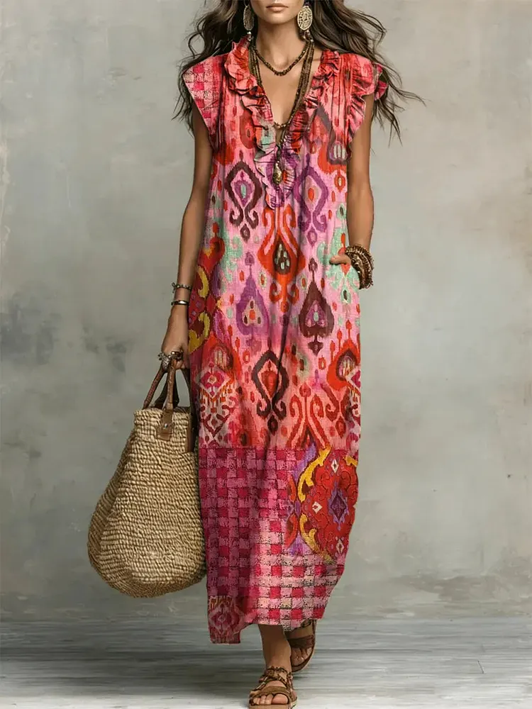 Women's Retro Ethnic Pattern Art Print Casual Ruffled Stylish Cotton Linen Dress