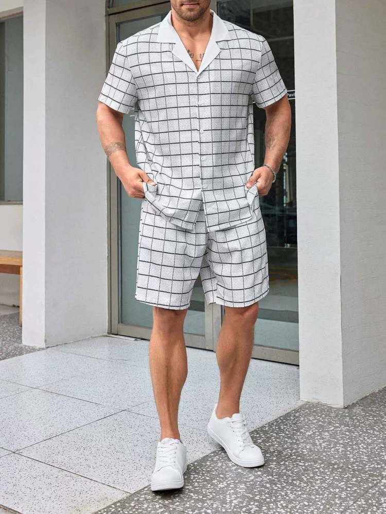 Men's Classic Casual Striped Digital Print Cuban Collar Shirt Shorts Two-Piece Set