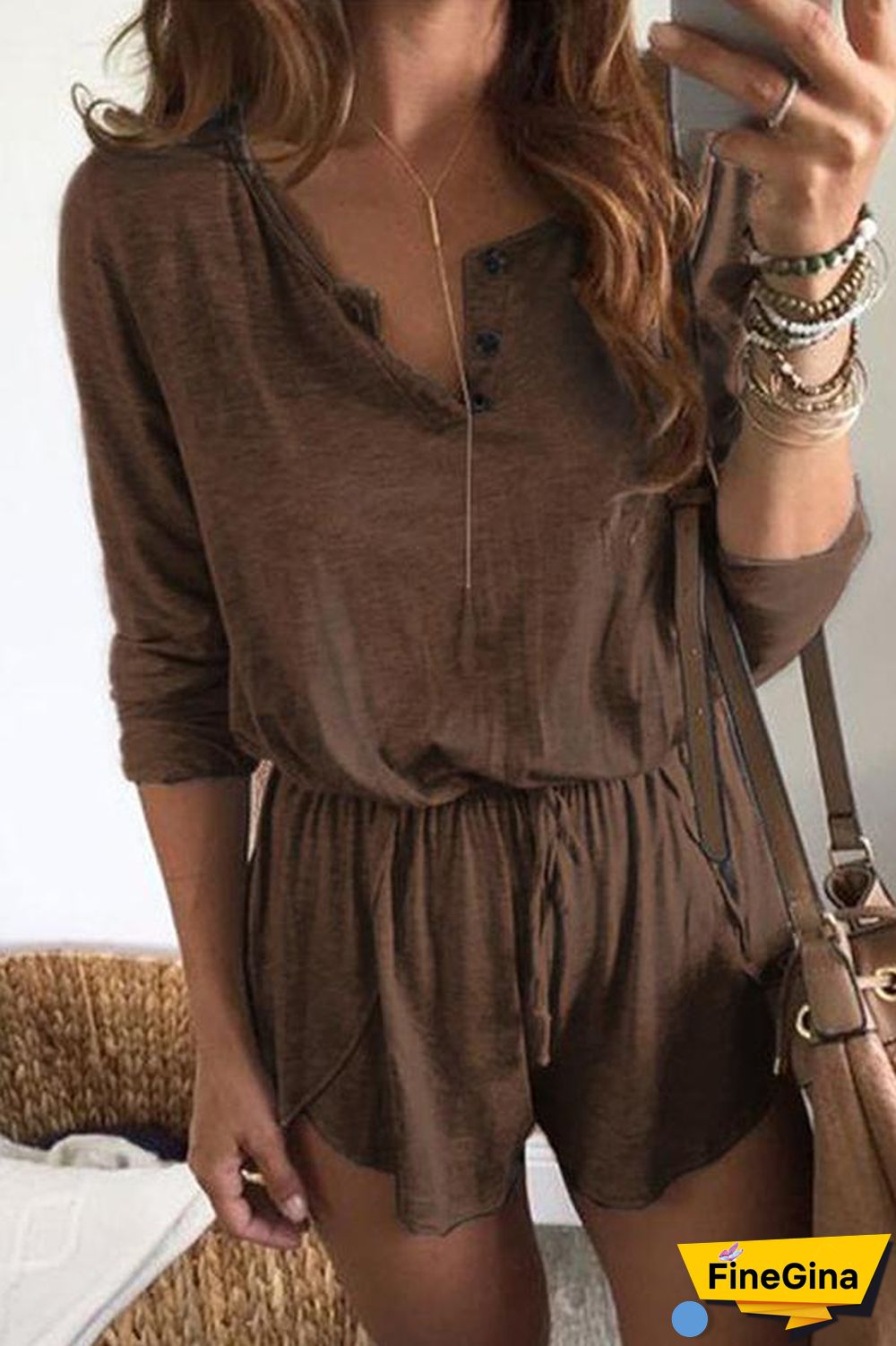 Solid Color Long Sleeve Tie Waist Romper P15011
