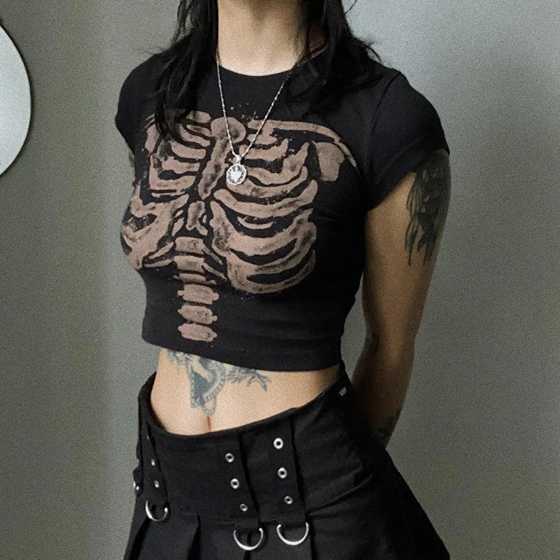 Uveng Uveng Dark Wind Round Collar Skeleton Slim High Waist Crop Top