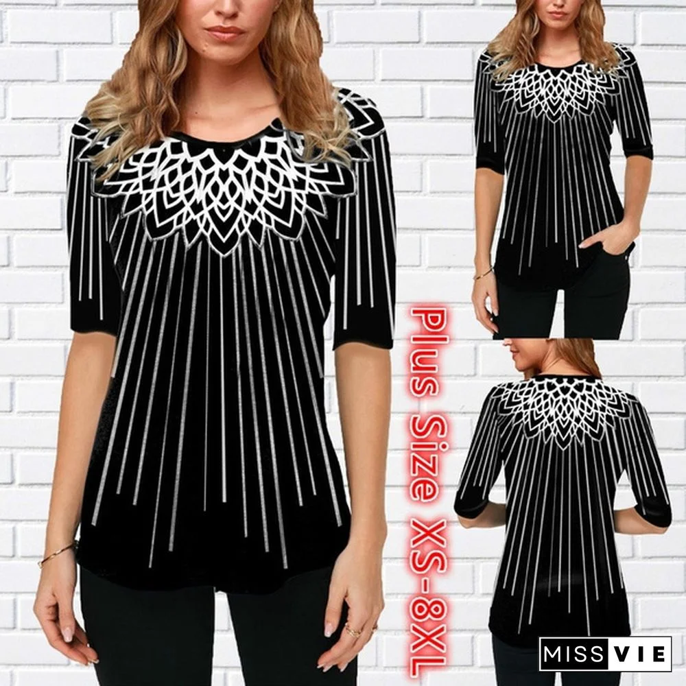 Women's Fashion Print Half Sleeve Blouse Tops T-shirts Plus Size XS-8XL