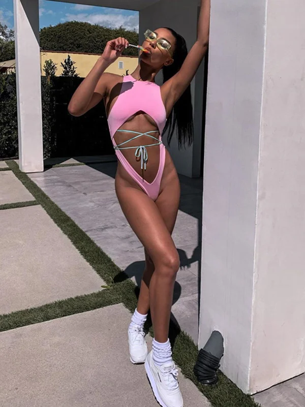Solid Color Hollow Bandage One-Piece Swimsuit 