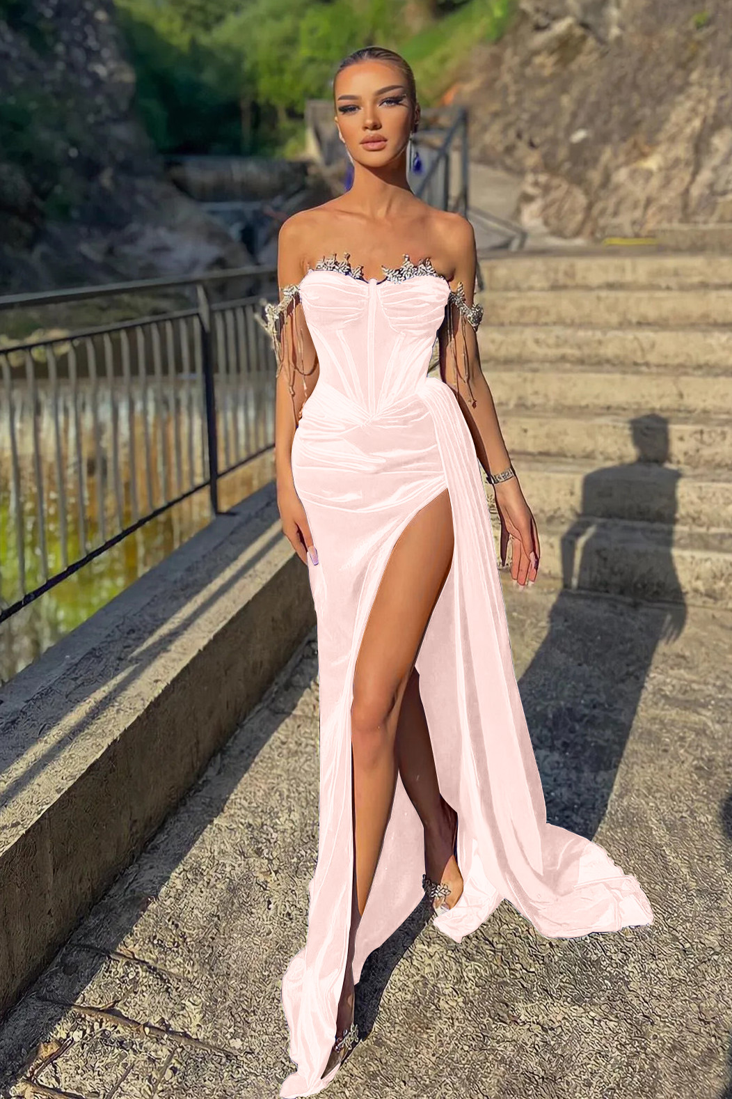 Off-the-Shoulder Mermaid Prom Dress Split With Sequins Beadings,BD1493 main image 1