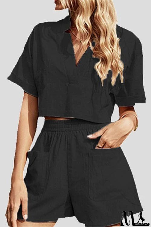 MidiSono - V Neck Crop Blouse Pockets Shorts Set