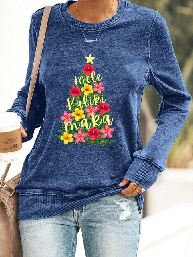 Women's Hawaiian Hibiscus Christmas Tree "Mele Kalikimaka" Print Sweatshirt