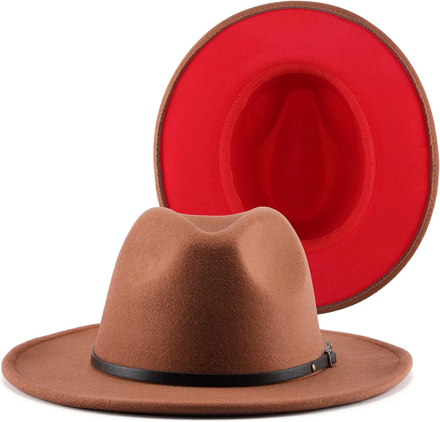 Two Tone Red Bottom Wide Brim Wool Felt Fedora Hat 