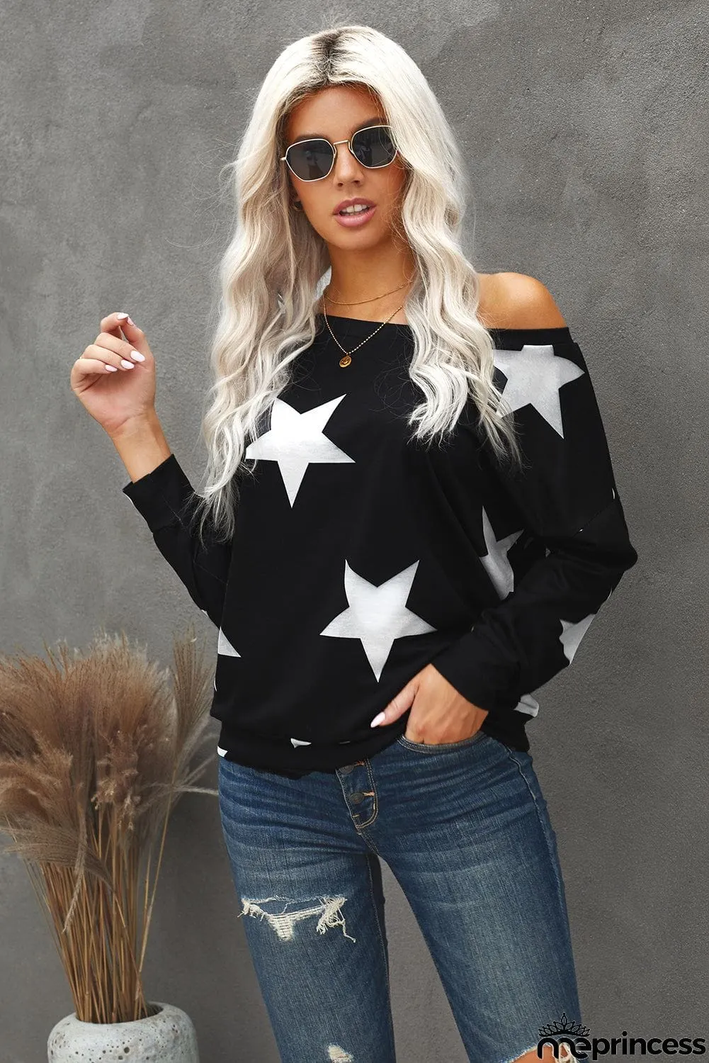 Fashion Five-pointed Star Print Round Neck Black Sweatshirt