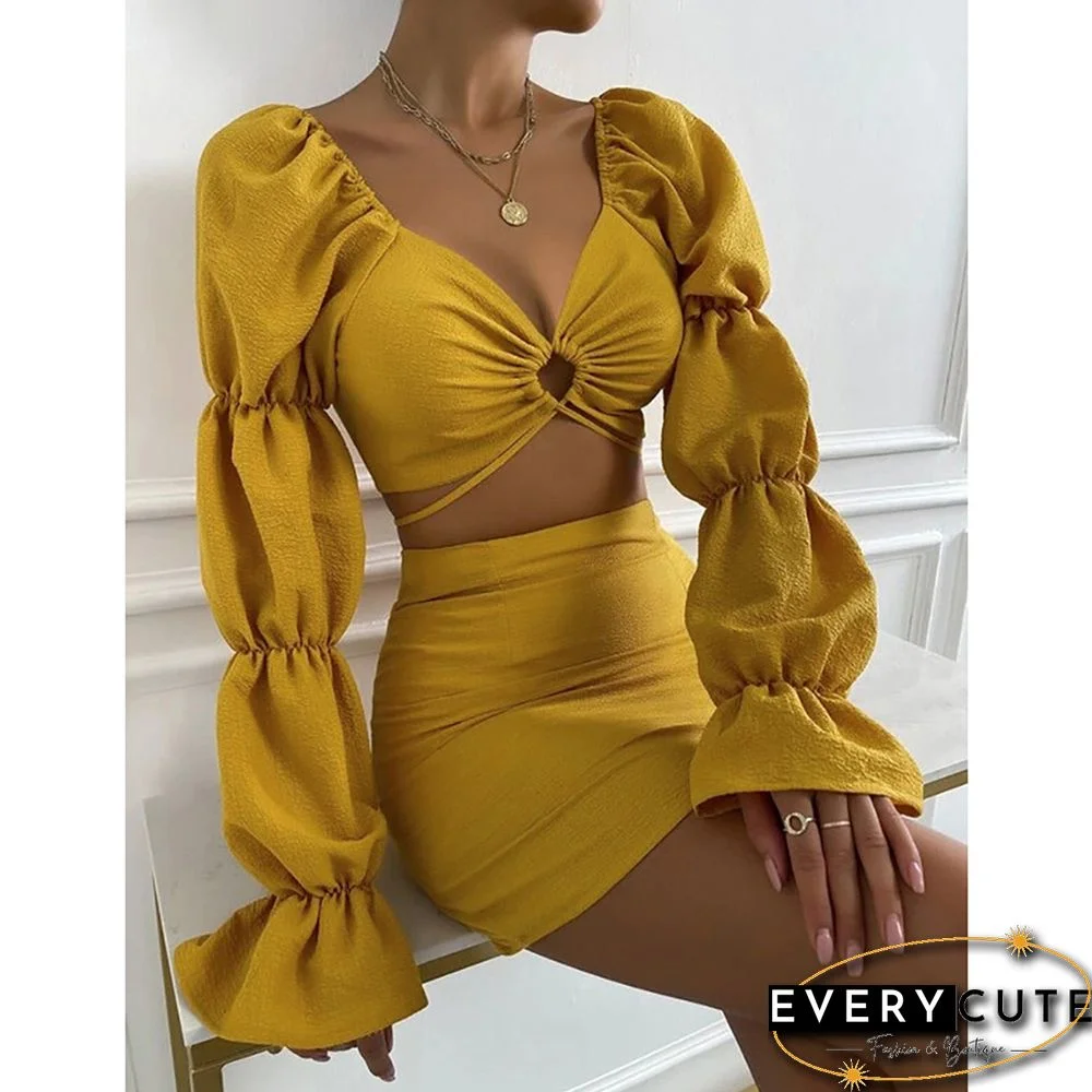 Yellow Hollow-out V Neck Crop Top and Skirts 2pcs Set