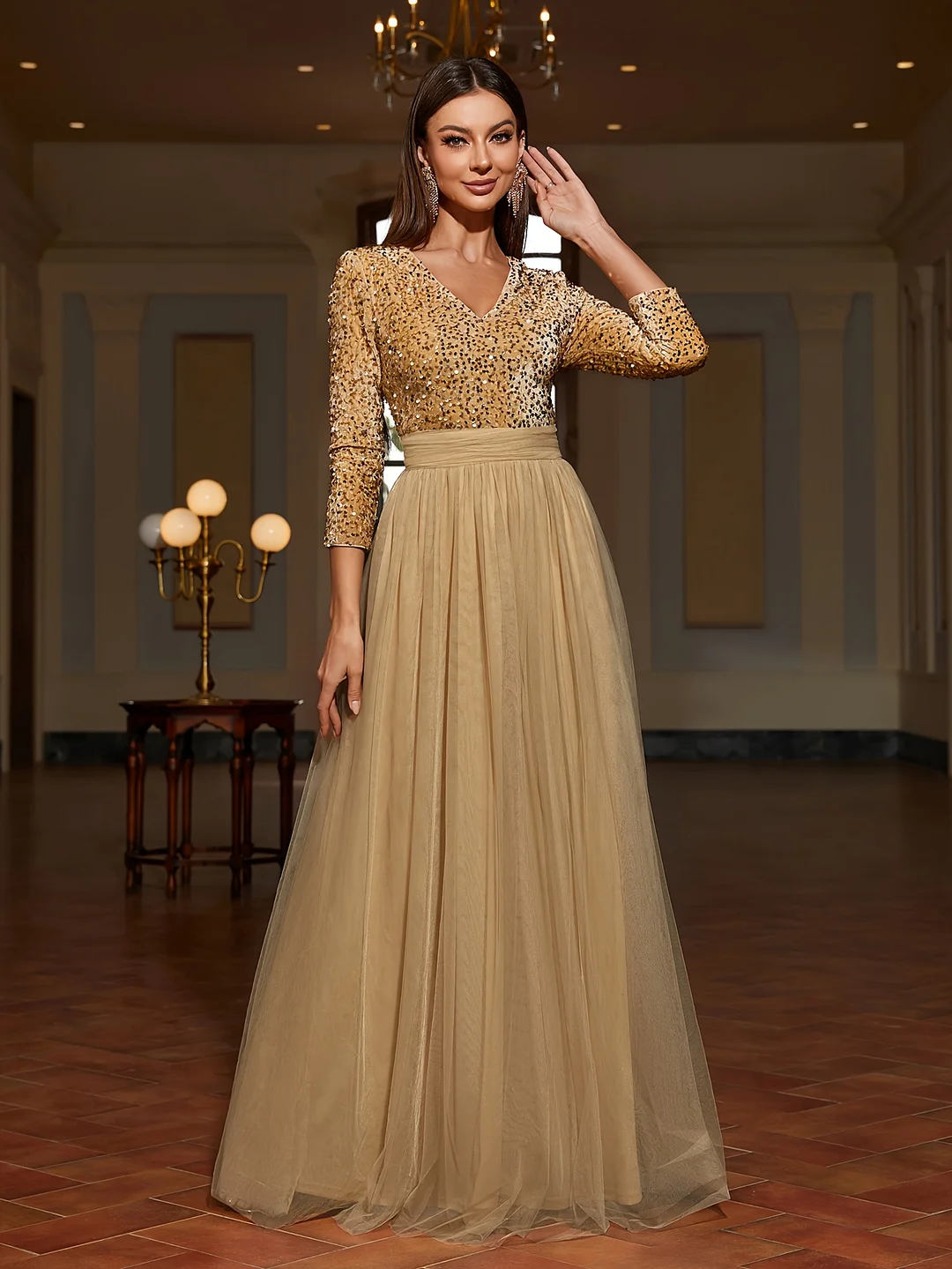 Women's Elegant Beige Formal Gown - V-Neck Long Evening Dress With Flared Train, Formal Party Wedding Anniversary Prom Attire - Non-Transparent Long Gown For Women, Event Host Wear, Sophisticated Style, Sleek Silhouette | IFYHOME