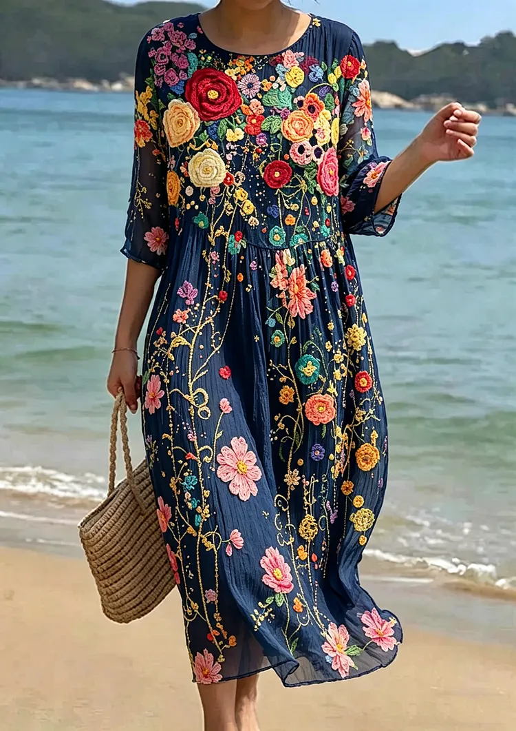 Women's Floral Embroidered Smocked Waist Midi Dress